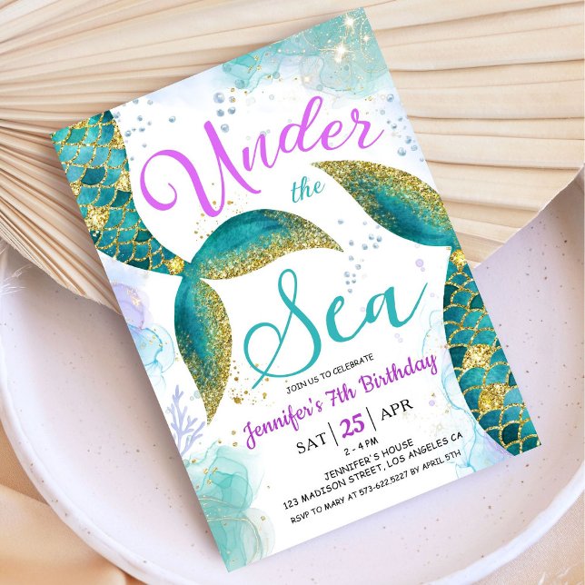 Invitation Mermaid 7e anniversaire violet Turquoise sous la m (Créateur téléchargé)