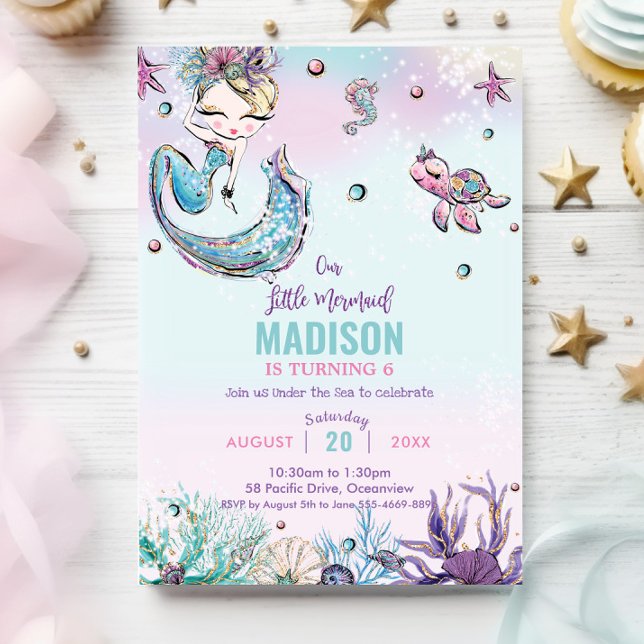 Invitation Mermaid à lunettes sous la mer Anniversaire (whimsical blonde mermaid under the sea pool birthday party invitation cards printed digital file)