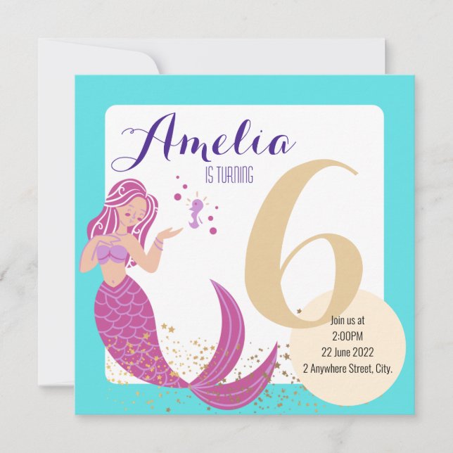 Invitation Mermaid Aqua Bleu pourpre Whimsday Birthday Kids (Devant)