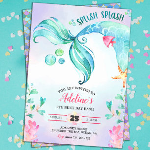 Invitation Mermaid Aquarelle Splish Splash mignon Anniversair