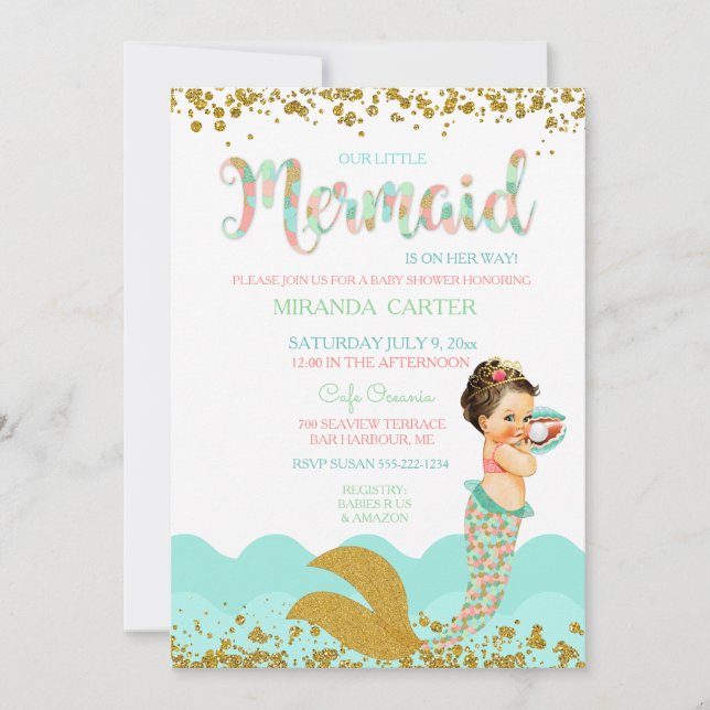 Invitation Mermaid Baby Girl Peach Coral Mint Gold (Devant)