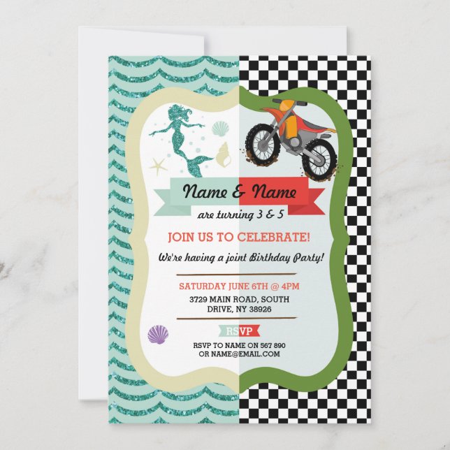 Invitation Mermaid & Dirt Bike Joint Boy Girl Birthday Invita (Devant)