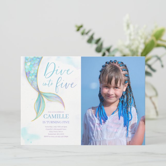 Invitation Mermaid Dive into Five 5th Birday Party Photo (Debout devant)