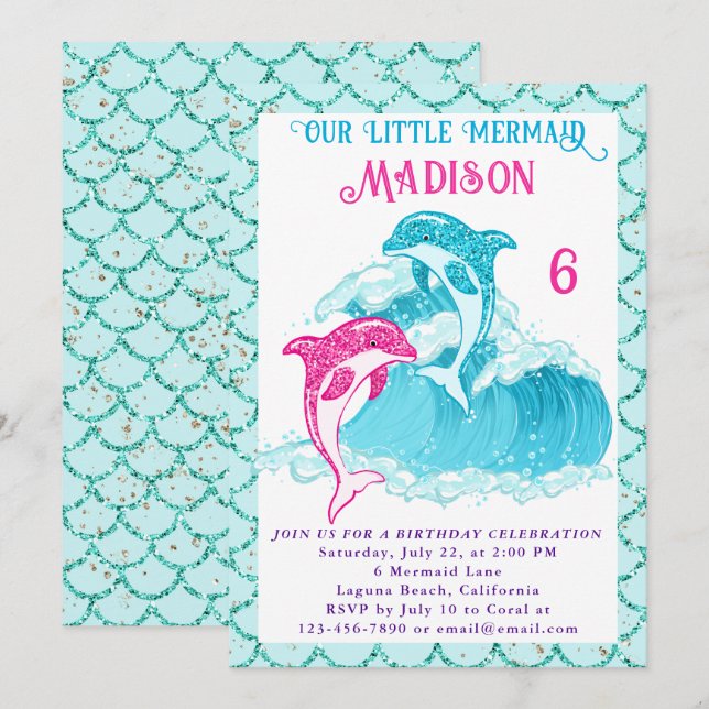 Invitation Mermaid Dolphin Bleu Mer Océan Aqua fête d'anniver (Devant / Derrière)