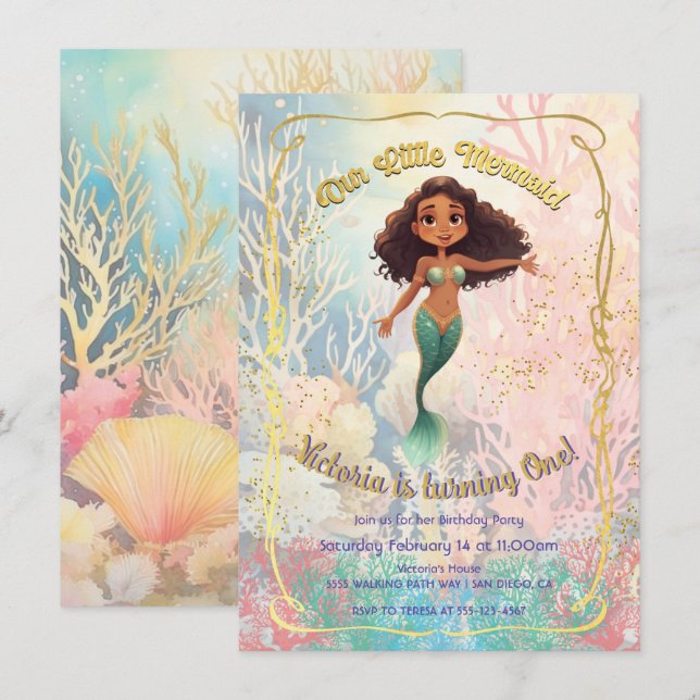 Invitation Mermaid d'or fête de vendredi sous la mer (Devant / Derrière)