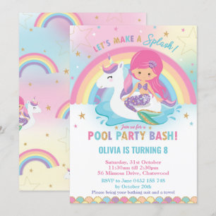 Invitation Mermaid et Unicorn Pool Party Anniversaire des che