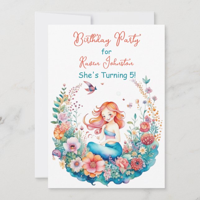 Invitation Mermaid Fête d'anniversaire à thème Floral Girl (Devant)