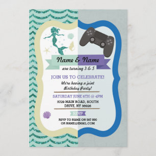 Invitation Mermaid & Gaming Joint Boy girl Anniversaire Invit