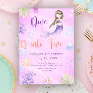 Invitation Mermaid Girl Dive In Five 5th Birthday Party