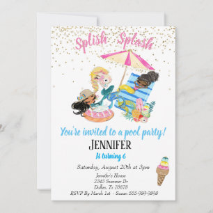 Invitation Mermaid Gold Confetti Pool Party Anniversaire