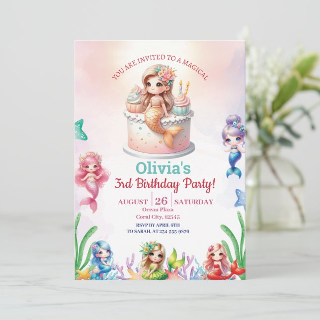 Invitation Mermaid Magique 3ème anniversaire Fille de fête (Debout devant)