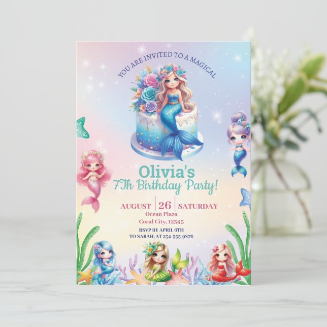 Invitation Mermaid Magique 7E Fête Anniversaire Fille (Debout devant)