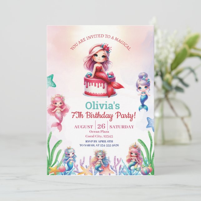 Invitation Mermaid Magique 7E Fête Anniversaire Fille (Debout devant)