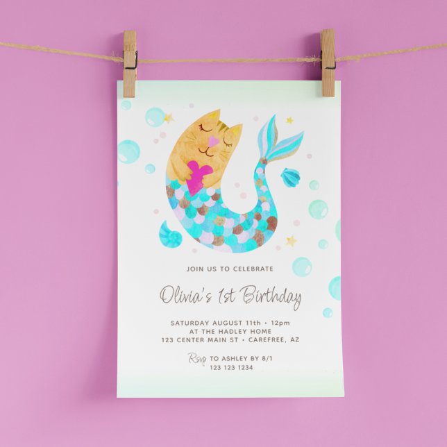 Invitation Mermaid MerCat Cute Aquarelle 1er Anniversaire (Créateur téléchargé)
