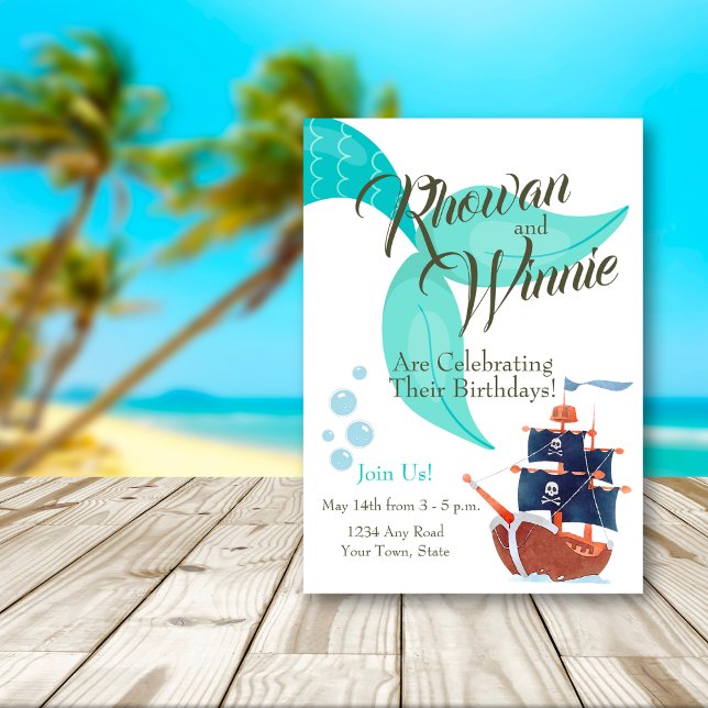 Invitation Mermaid Nautique & Pirate double anniversaire (Cute pirate and mermaid invitation for a dual kids summer birthday party!)