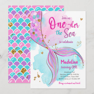 Invitation Mermaid One Sea Pool Party Fille premier anniversa