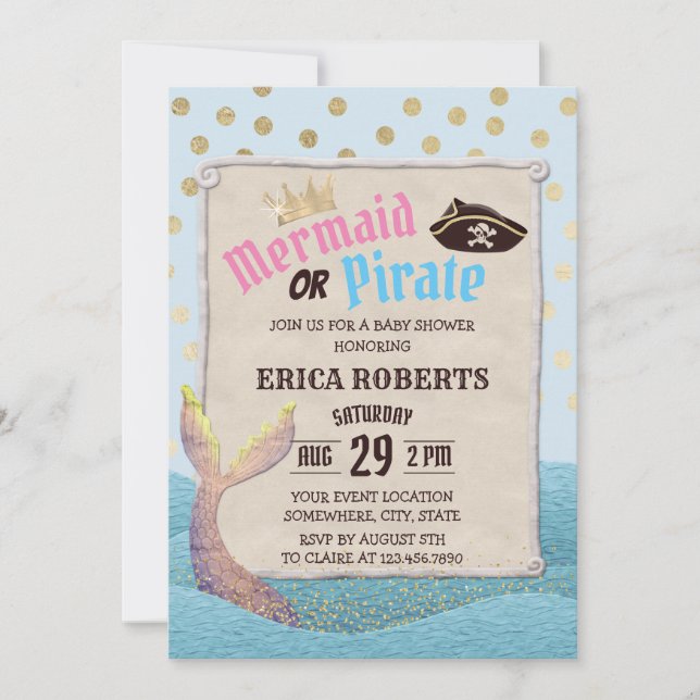 Invitation Mermaid ou Pirate mignon Baby shower Pois (Devant)