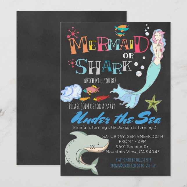 Invitation Mermaid ou Shark Co-Ed Anniversaire conjoint (Devant / Derrière)