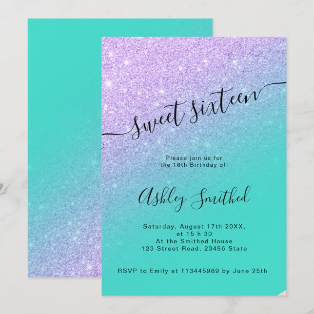 Invitation Mermaid parties scintillant turquoise ombre chic d (Devant / Derrière)