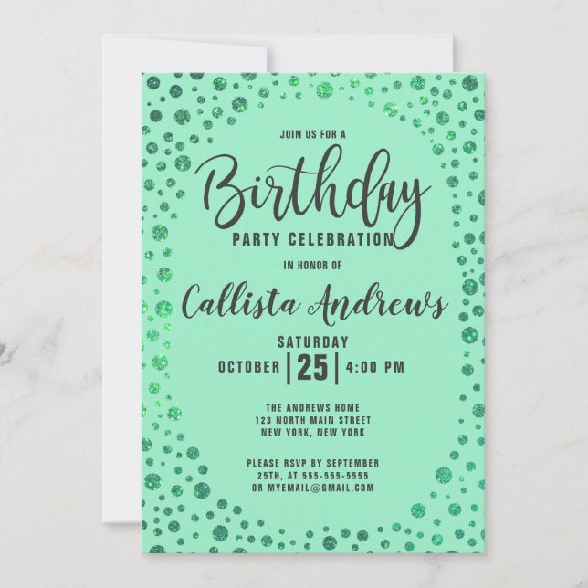 Invitation Mermaid Parties scintillant verte Confetti frontiè (Devant)