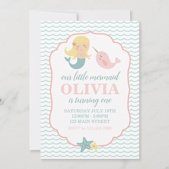 Invitation Mermaid Pastel Pink fête de premier anniversaire (Devant)