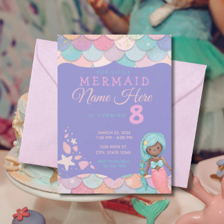 Invitation Mermaid Pastel rose violet Turquoise fille's Birth