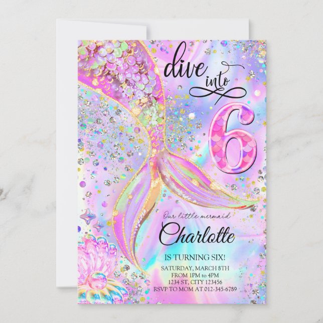 Invitation Mermaid Pink Purple Plongée dans le sixième annive (Devant)