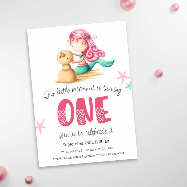 Invitation Mermaid Pink Turquoise 1er anniversaire (Exclusive Mermaid First Birthday Illustrated Party Invitation)