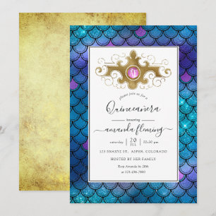 Invitation Mermaid Quinceañera en pierre Turquoise et or