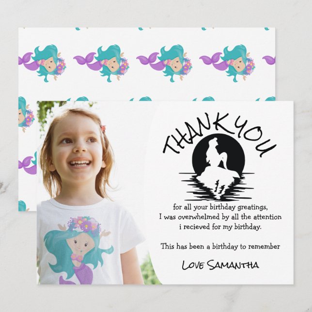 Invitation Mermaid rose violet Merci de fête d'anniversaire (Devant / Derrière)
