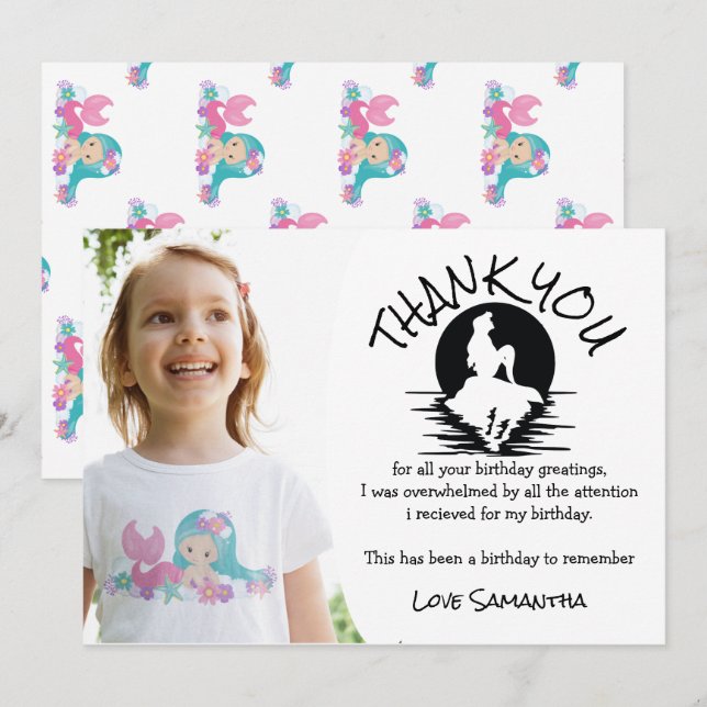 Invitation Mermaid rose violet Merci de fête d'anniversaire (Devant / Derrière)