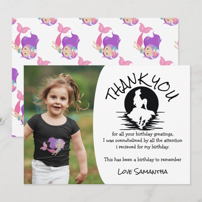 Invitation Mermaid rose violet Merci de fête d'anniversaire (Devant / Derrière)