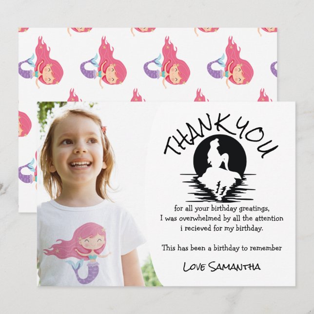 Invitation Mermaid rose violet Merci de fête d'anniversaire I (Devant / Derrière)