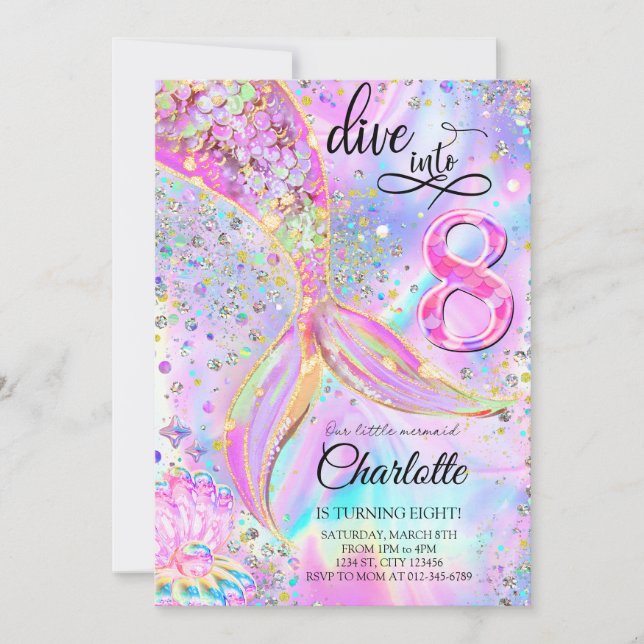 Invitation Mermaid rose violet plonger dans huit ans (Devant)