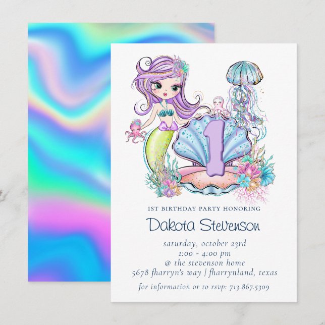 Invitation Mermaid Sea Life | Fête d'anniversaire avec âge pe (Devant / Derrière)
