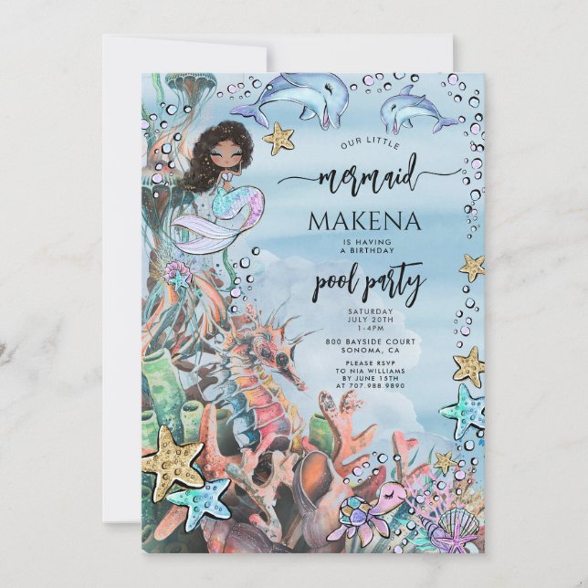 Invitation Mermaid Seahorse Rose Bleu Anniversaire (Devant)