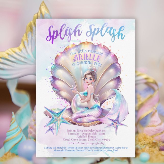 Invitation Mermaid Splish Pool Party Fille Anniversaire (Mermaid Splish Splash Pool Party Girl Birthday Invitation)