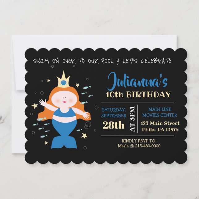 Invitation Mermaid Swim Pool Blue Sea Life Anniversaire (Devant)