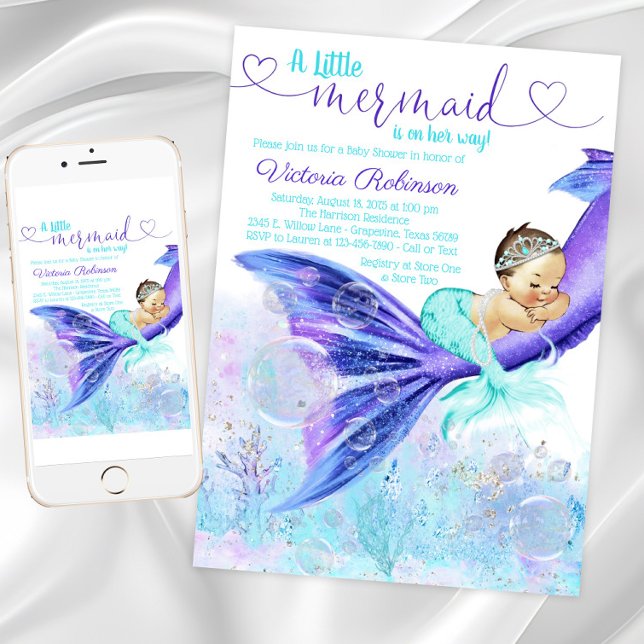 Invitation Mermaid Tail Baby shower Brunette Mermaid (Pretty mermaid baby shower invitation. Instant download and printed invitations available.)