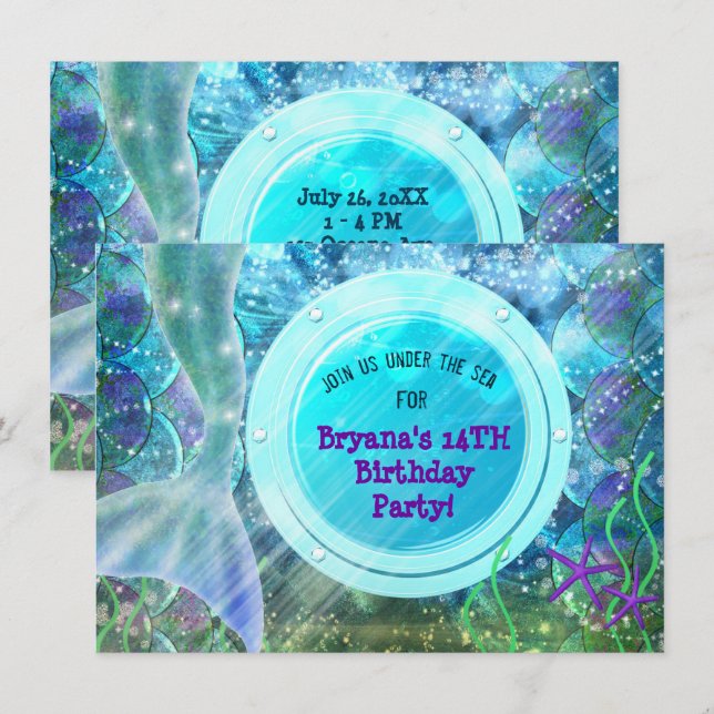 Invitation Mermaid Tail Magic Under the Sea Birthday Party (Devant / Derrière)