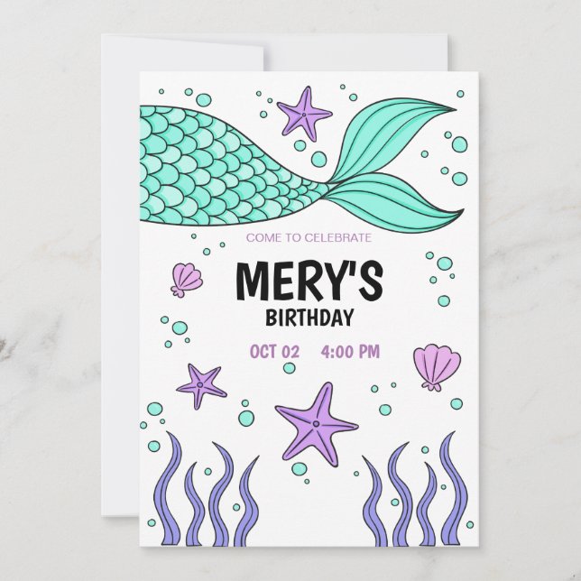 Invitation Mermaid Tail, sous la mer Anniversaire (Devant)