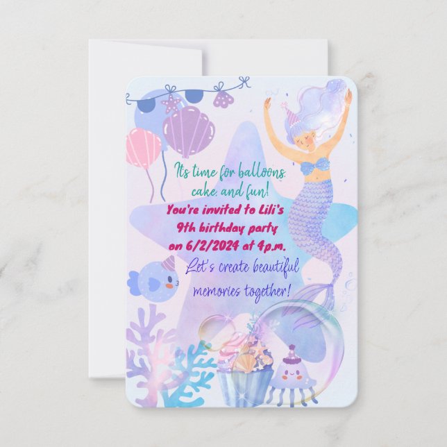 Invitation Mermaid Thème Anniversaire Bash (Devant)