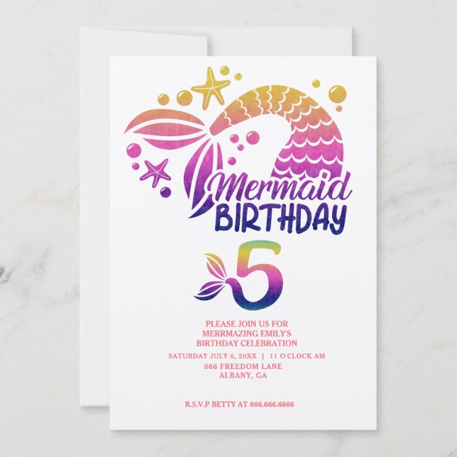 Invitation Mermaid Thème Personnalisé Anniversaire de enfant  (Devant)