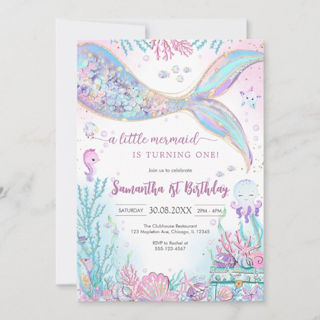 Invitation Mermaid Under the Sea Splish Splash Birthday (Devant)