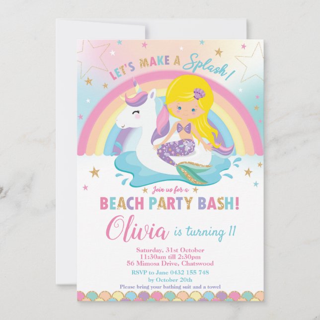 Invitation Mermaid Unicorn Beach Party Anniversaire Blond (Devant)
