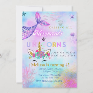 Invitation Mermaid & Unicorn Gold Parties scintillant invitat