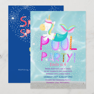 Invitation Mermaid Unicorn PISCINE Party Parties scintillant 