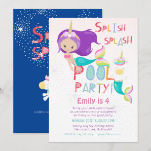 Invitation Mermaid Unicorn PISCINE Party Parties scintillant 