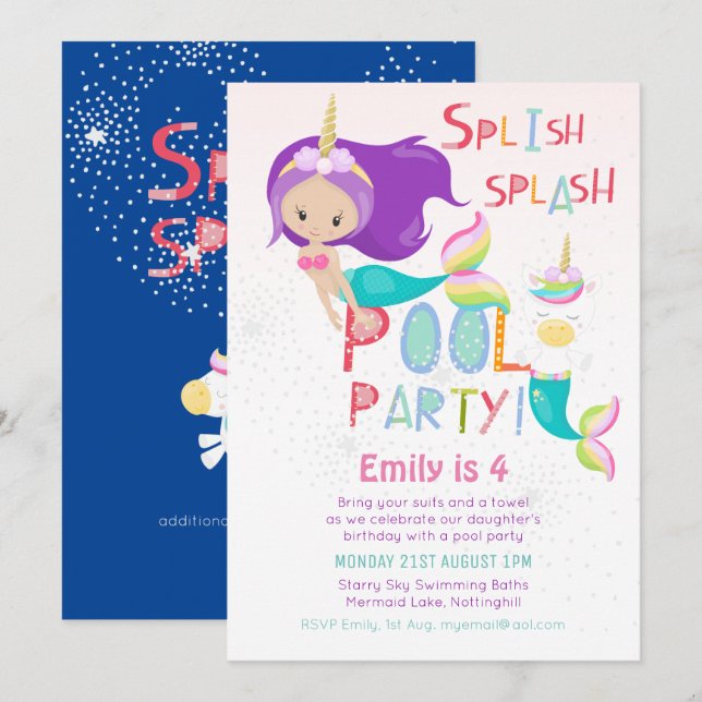 Invitation Mermaid Unicorn PISCINE Party Parties scintillant  (Devant / Derrière)