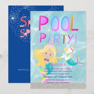 Invitation Mermaid Unicorn PISCINE Party Parties scintillant 